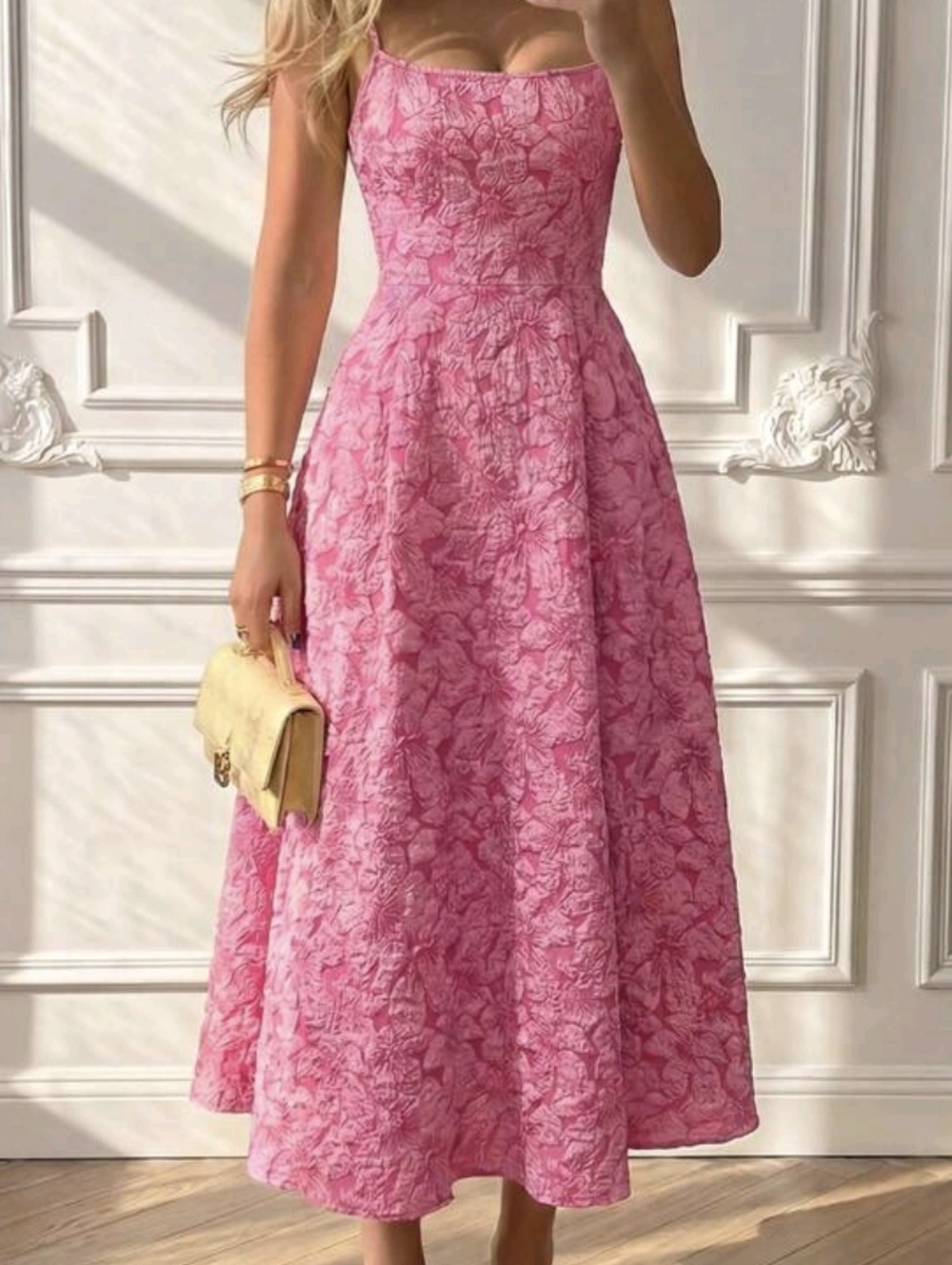 Pink Floral A-Line Midi Dress - Elegant Fit & Flare